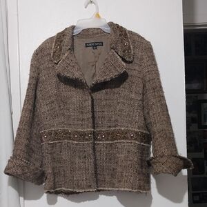 Albert Nipon Brown Tweed Blazer with Embellished Trim